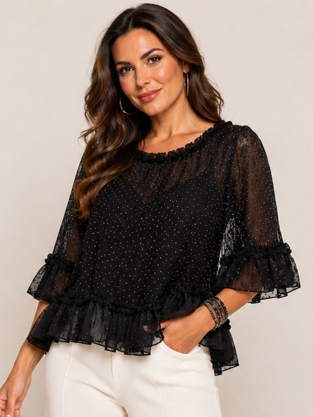Black Sheer Lace & Swiss Dot Ruffle Blouse with Rhinestone. Feminine Layered Top